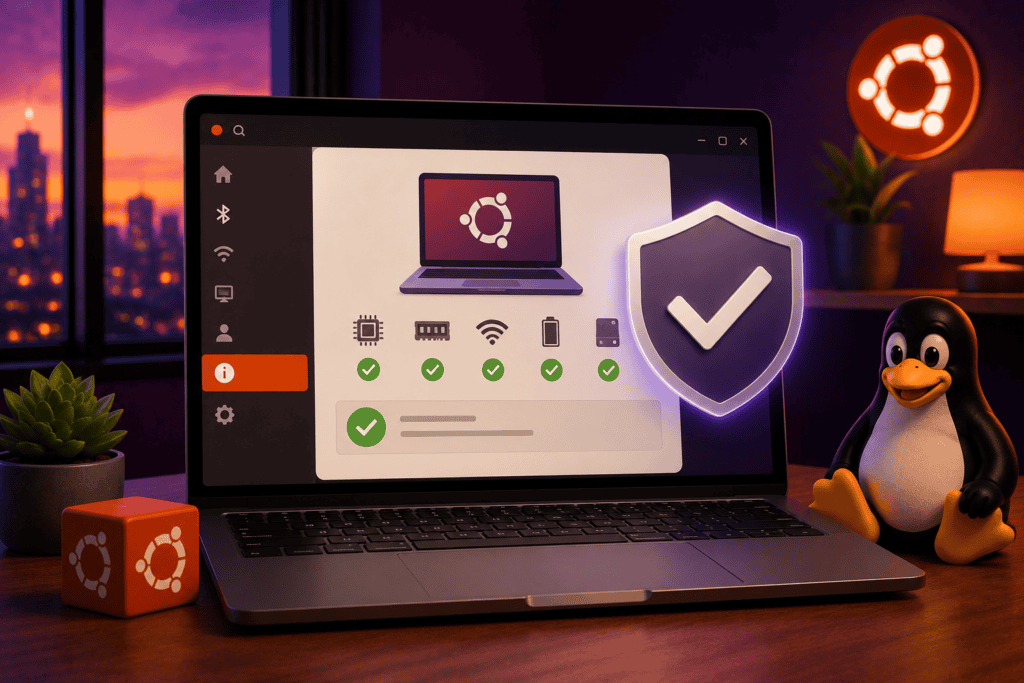 Comprobación de compatibilidad en Ubuntu 26.10 con iconos y escudo de seguridad.