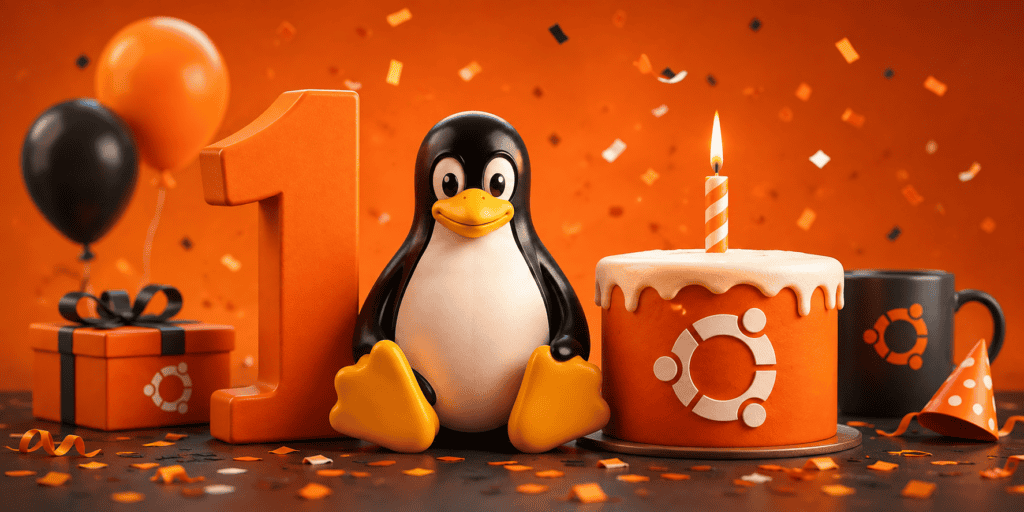 Primer aniversario de Be Ubuntu con un pingüino de Linux y pastel de celebración