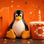 Primer aniversario de Be Ubuntu con un pingüino de Linux y pastel de celebración