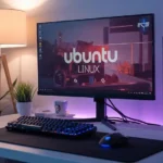 Monitor con escritorio inspirado en Ubuntu y gráficos holográficos que representan el crecimiento de la cuota de mercado de Linux.