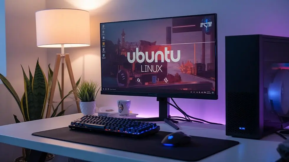 Monitor con escritorio inspirado en Ubuntu y gráficos holográficos que representan el crecimiento de la cuota de mercado de Linux.